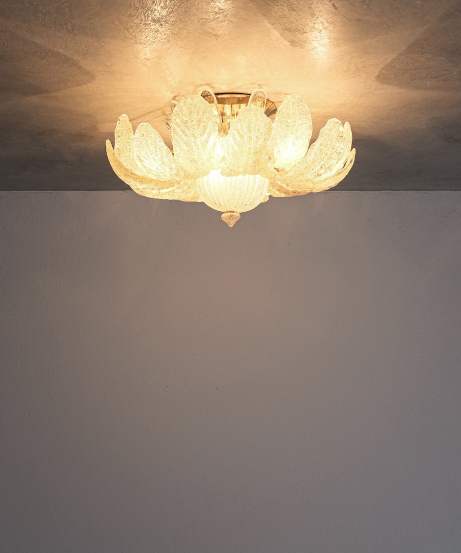 Barovier & Toso Glass Brass Flower Flush Mount Marked, Murano