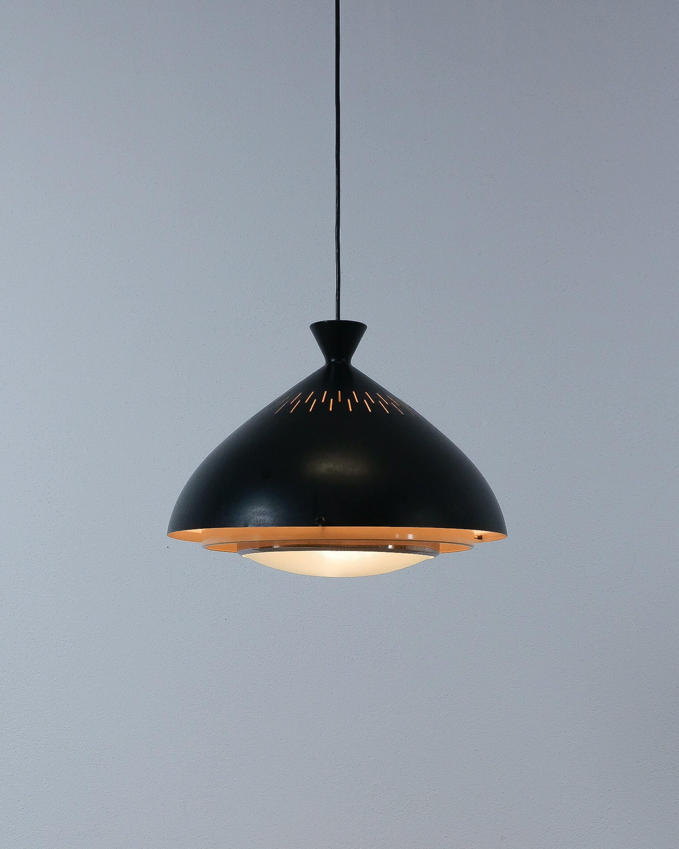 Stilnovo Pendant Lamp, 1950 - Glass, Chrome Black Shade, Italy