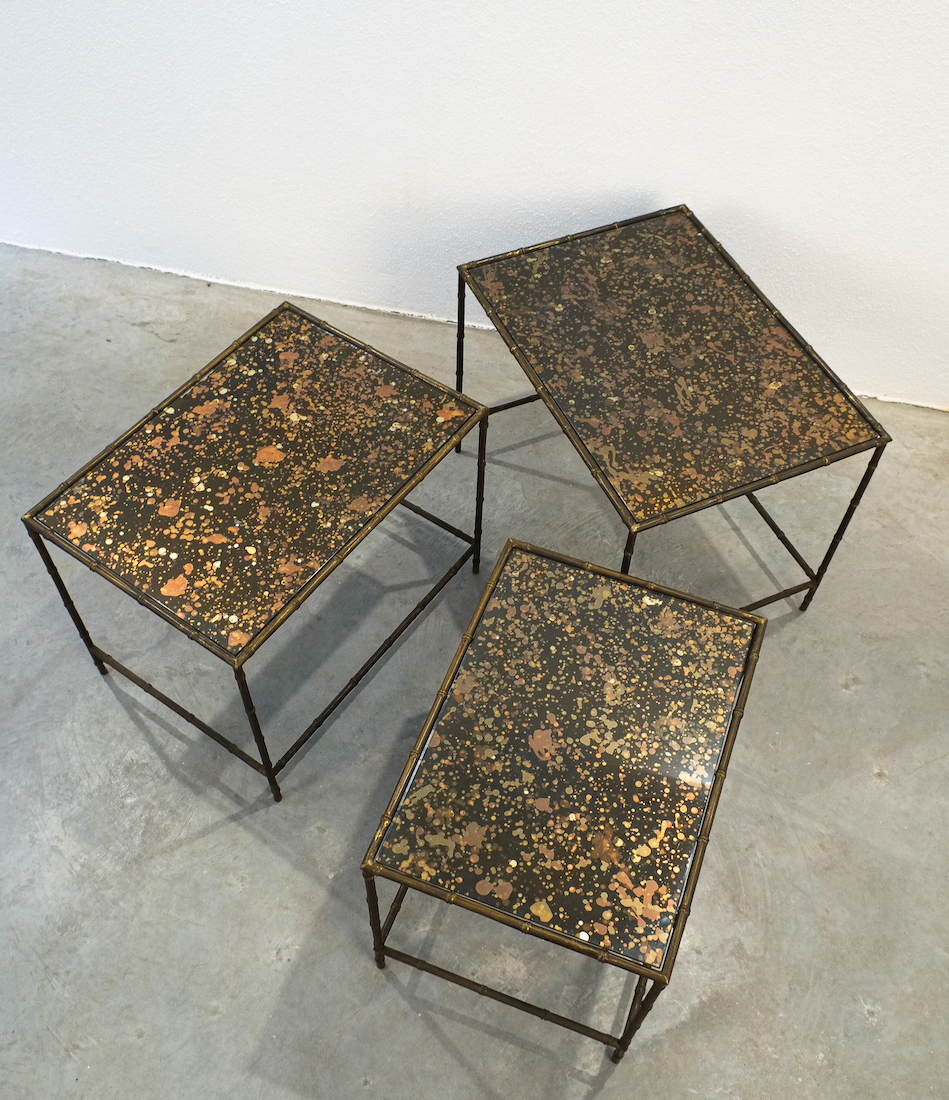 Maison Bagues Faux Bamboo Brass Metallic Glass Nest Tables, 1960