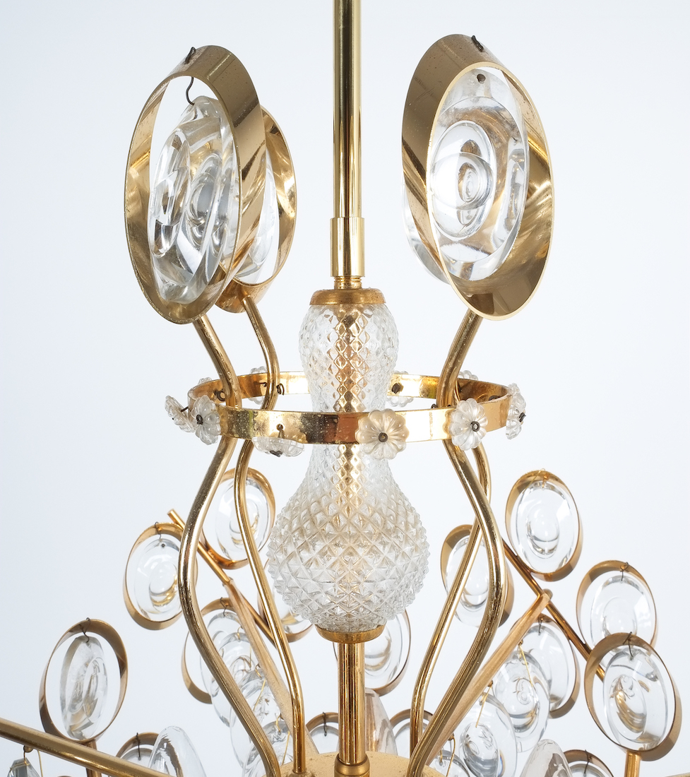 Palwa Gilt Brass and Glass Chandelier Lamp, 1970